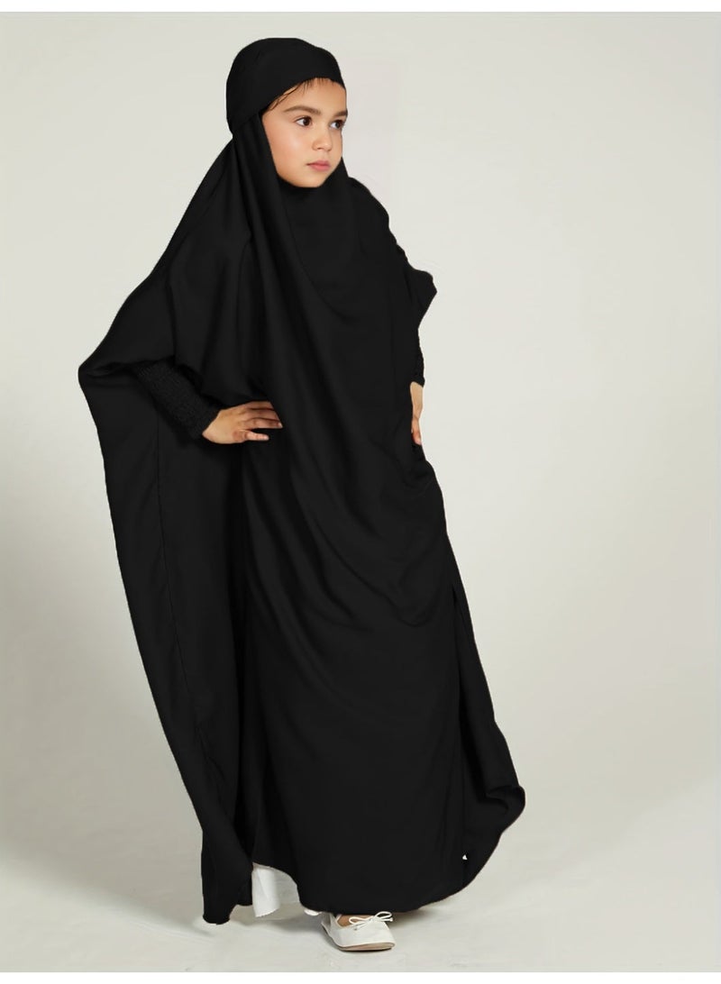 عباية بناتي بأكمام الخفاش — غطاء رأس قابل للربط مع أساور مرنة - Image 3