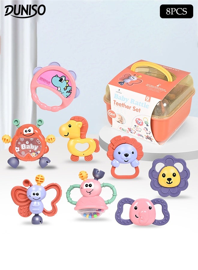 DUNISO 8pcs Baby Rattles Set Animal Rattle Teether Set Early Educational Toy Set Infant Grab and Shake Rattle Food Grade Silicone Material Newborn Toys Baby Rattles Sensory Toys Set for Babies 6-24 Months Boys Girls  - Image 1