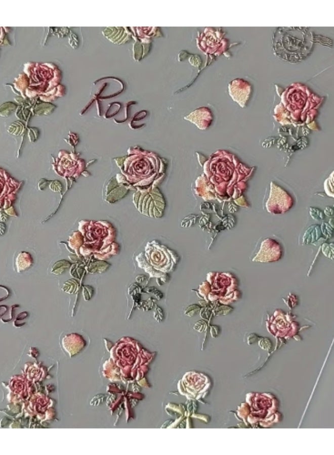 KHAJUL 2 Sheets Vintage Rose Nail Stickers, 3D Floral Nail Decals with Matte Finish, Self-Adhesive Nail Art for DIY Manicure, Dry Rose Design for Women and Girls, Easy to Apply - Image 1
