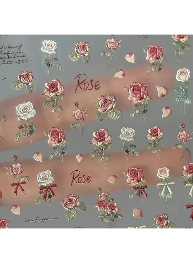 KHAJUL 2 Sheets Vintage Rose Nail Stickers, 3D Floral Nail Decals with Matte Finish, Self-Adhesive Nail Art for DIY Manicure, Dry Rose Design for Women and Girls, Easy to Apply - Image 4