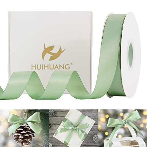 HUIHUANG Sage Satin Ribbon  1 inch Light Sage Green Double Face Silk Satin Ribbon for Wedding Decor Crafts Gift Wrapping Bows Bridal Floral Bouquet Invitation Card Baby Shower Party