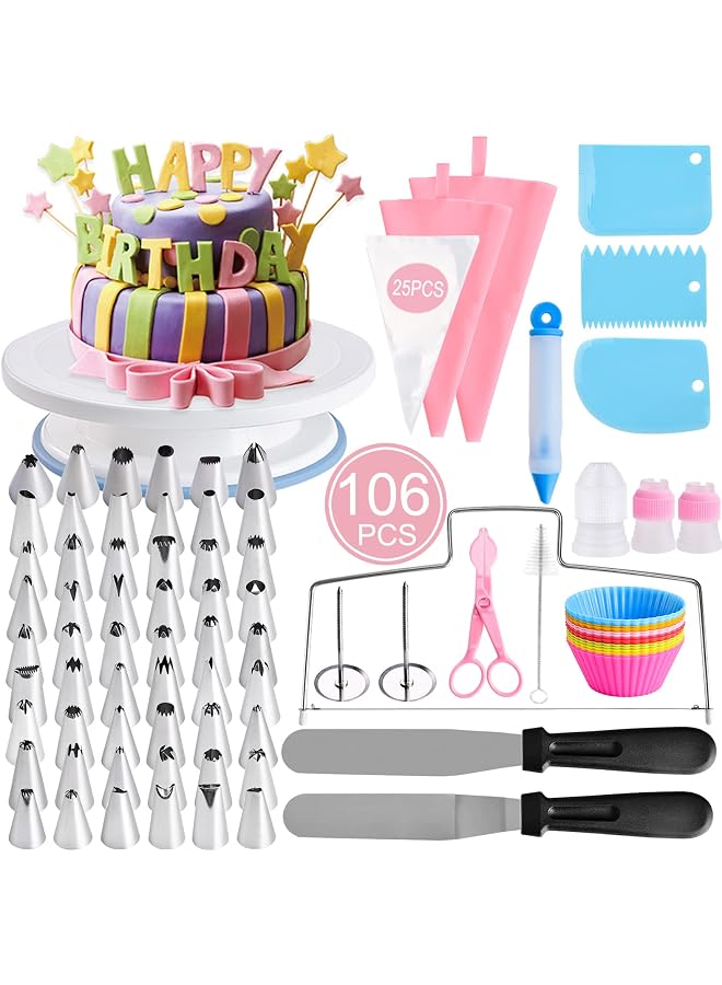 S-TOP Cake Decorating Tools Supplies Kit, 106 Pcs Baking Tips Set 11 Inch Rotating Turntable Stand-Cake Server Knife Set-48 Numbered Icing Pastry And More Acces - Image 1
