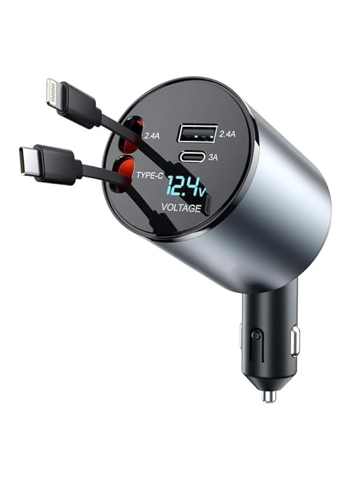 Green Tiger 60W Car Charger Super Fast Charging, 4 in 1 Retractable Car Charger, 180 Degree Adjustable USB Car Charger, Car Charger Adapter with Voltage Display for iPhone 15/14/13/12 Pro Max, iPad, Galaxy - Image 1