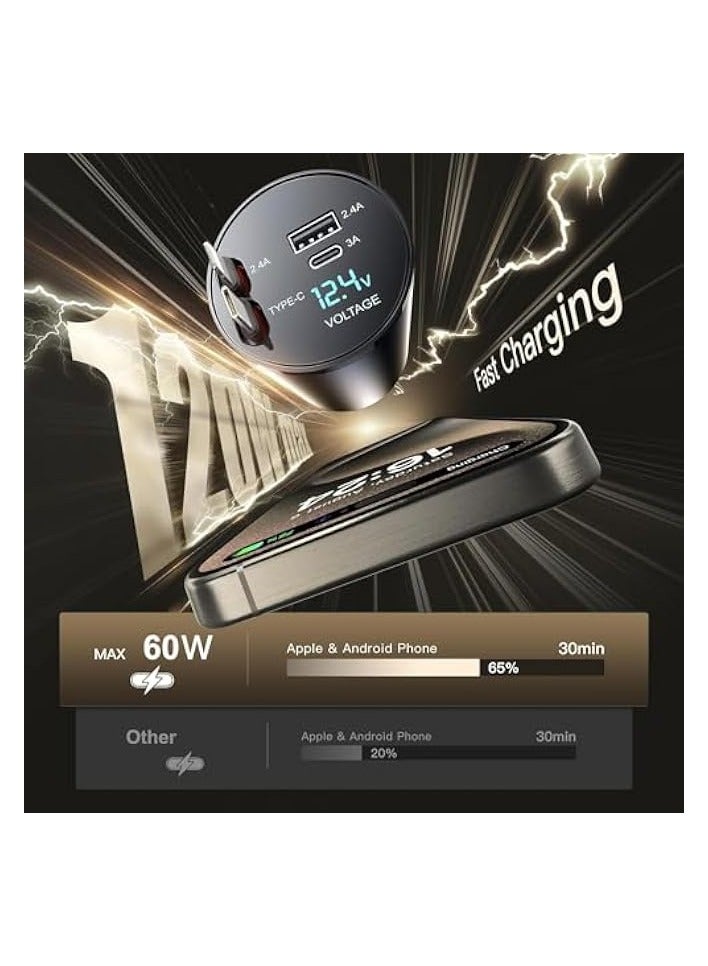 Green Tiger 60W Car Charger Super Fast Charging, 4 in 1 Retractable Car Charger, 180 Degree Adjustable USB Car Charger, Car Charger Adapter with Voltage Display for iPhone 15/14/13/12 Pro Max, iPad, Galaxy - Image 2