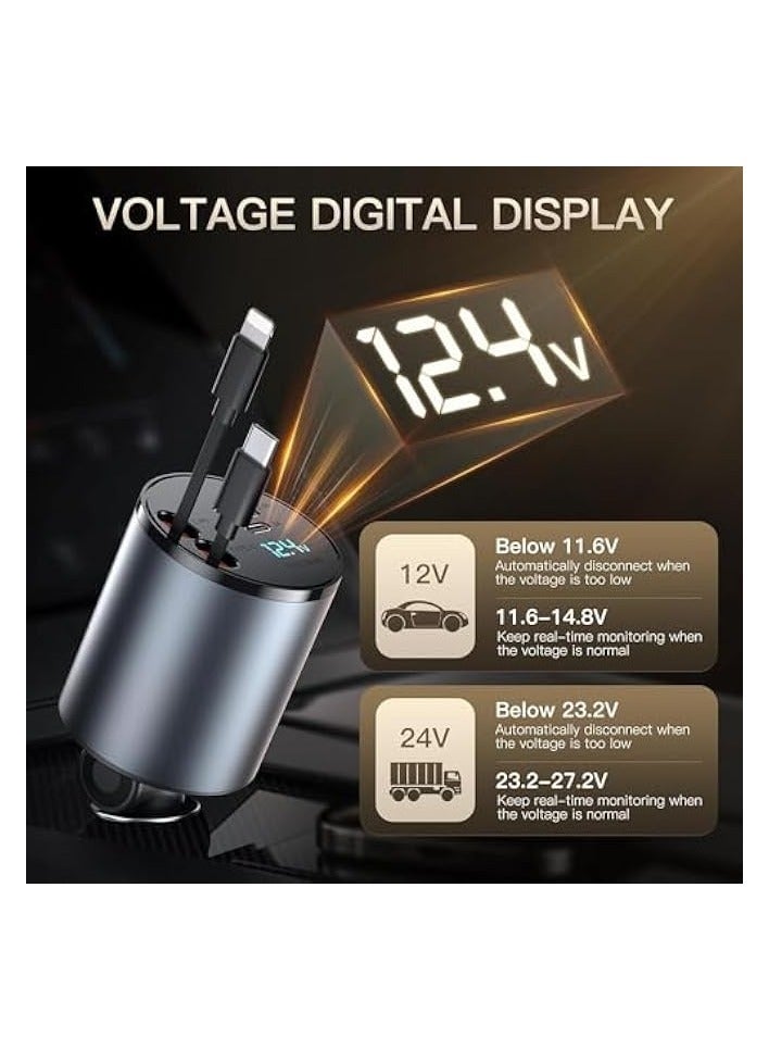 Green Tiger 60W Car Charger Super Fast Charging, 4 in 1 Retractable Car Charger, 180 Degree Adjustable USB Car Charger, Car Charger Adapter with Voltage Display for iPhone 15/14/13/12 Pro Max, iPad, Galaxy - Image 3