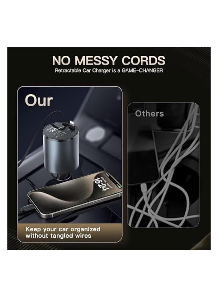 Green Tiger 60W Car Charger Super Fast Charging, 4 in 1 Retractable Car Charger, 180 Degree Adjustable USB Car Charger, Car Charger Adapter with Voltage Display for iPhone 15/14/13/12 Pro Max, iPad, Galaxy - Image 4