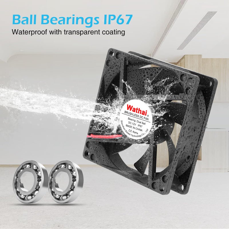 Wathai IP67 Waterproof 80mm x 25mm 12V Cooling DC Fan for RV Fridge Exhaust Ventilation Dual Ball High Speed DIY Cooler 12 v Fans 2 Pack - Image 3