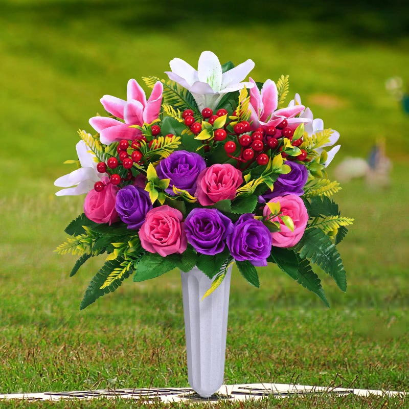 Dolicer 2 Sets Artificial Cemetery Flowers for Grave, Realistic Grave Flowers Memorial Flower UV Resistant Silk Rose Lily Flower with Vase for Cemetery Decorations (Colorful) - Image 1