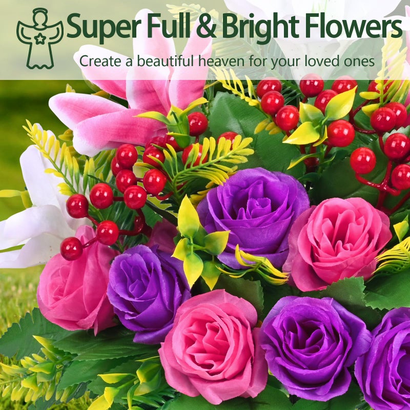 Dolicer 2 Sets Artificial Cemetery Flowers for Grave, Realistic Grave Flowers Memorial Flower UV Resistant Silk Rose Lily Flower with Vase for Cemetery Decorations (Colorful) - Image 3