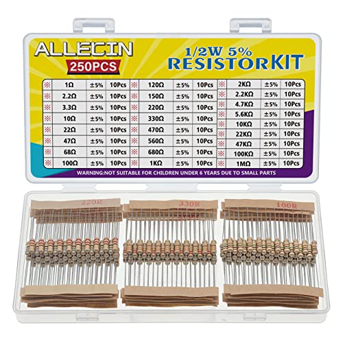 ALLECIN 25 Values 1/2W Resistor Kit from 1 Ohm to 1M Ohm 1/2 Watt 5% Carbon Film Resistors Assortment - Image 1