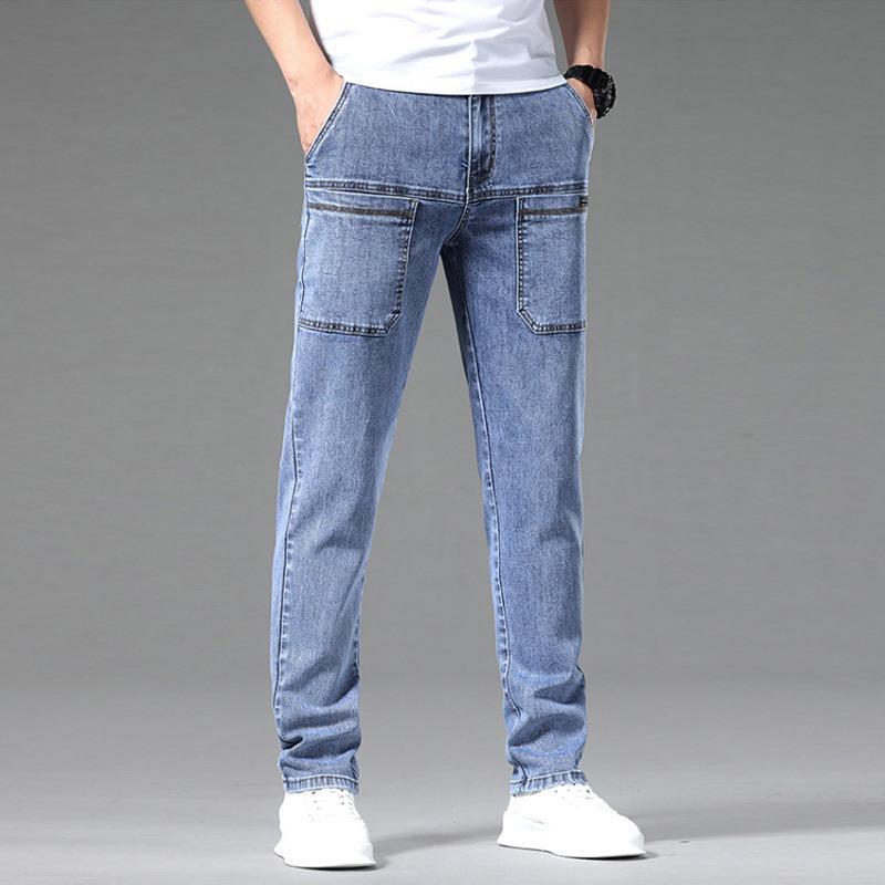 Generic Six-pocket stretch mens jeans autumn new youth popular small straight pants mens multi-bag casual trousers 8207 light blue 