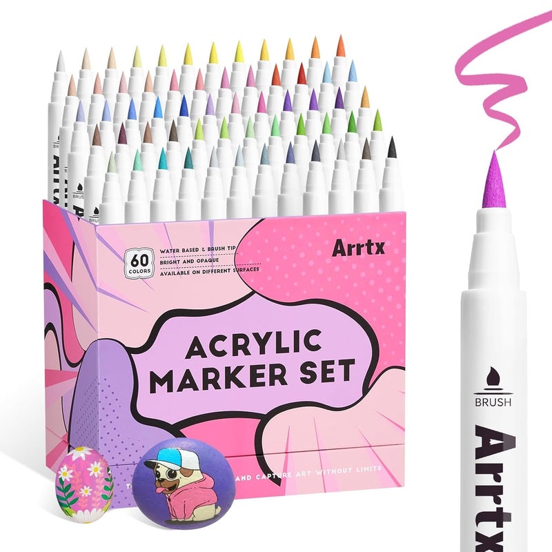 Arrtx 60 Color Brush Paint Markers Paint Pens, Acrylic Paint Pens for Artists Adults Painting Drawing Cartoon Anime Comic - Rock Painting, Wood, Canvas, DIY Crafts, Multicolor - Image 1