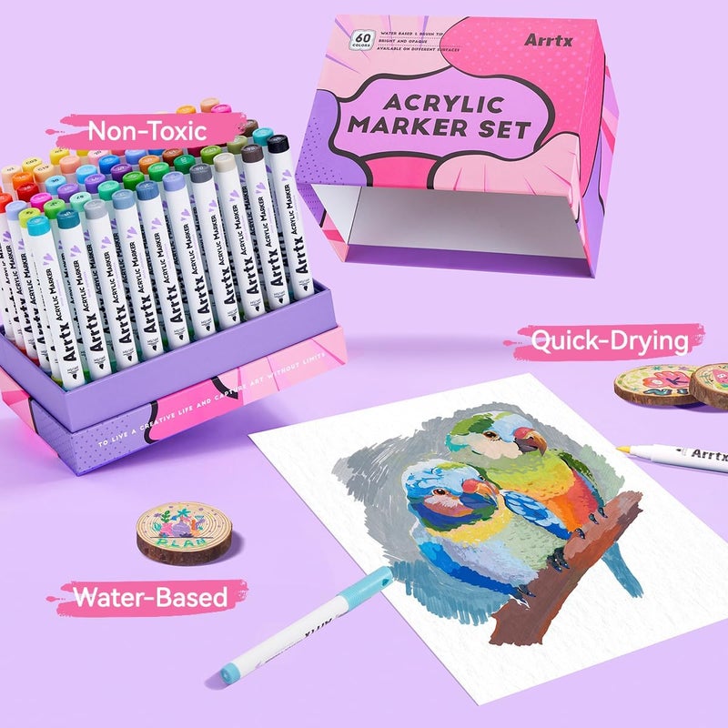 Arrtx 60 Color Brush Paint Markers Paint Pens, Acrylic Paint Pens for Artists Adults Painting Drawing Cartoon Anime Comic - Rock Painting, Wood, Canvas, DIY Crafts, Multicolor - Image 5