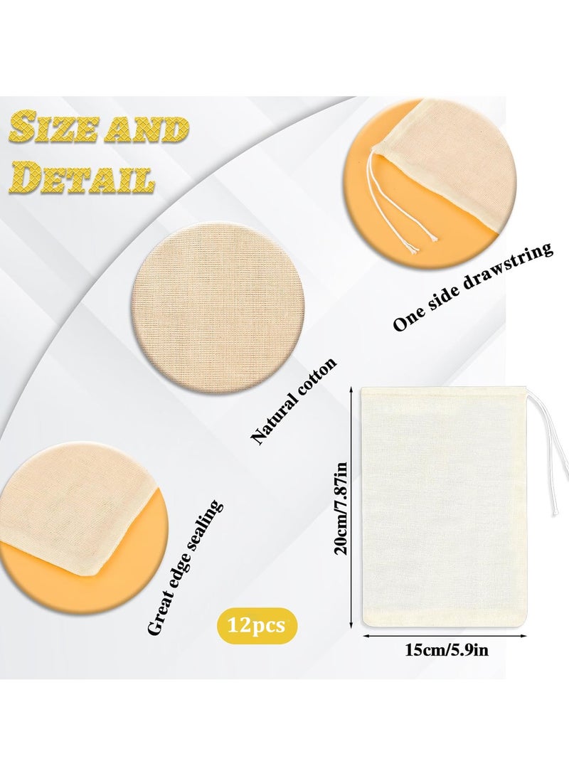 SUNSAR 12Pcs Empty Spice Bags for Cooking Soup,Natural Muslin Drawstring Bag, Reusable Tea Bags for Loose Tea, Small Cheese Cloth Cotton Bag for Straining( 15*20cm) - Image 2