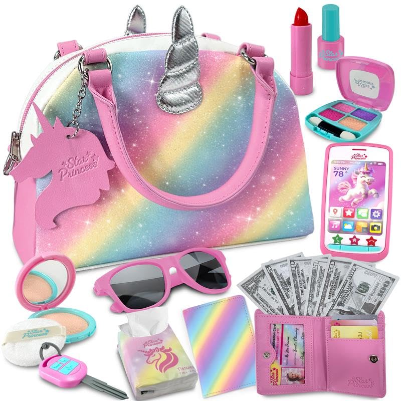 Star Princess Play Purse for Little Girls and Toddlers  Unicorn Purse Toys for Kids Pretend Play Accessories Phone Wallet Credit Cards Keys Pretend Makeup Unicorn Gift for Girl Age 3 4 5 6 7 8 Years and Up - Image 1