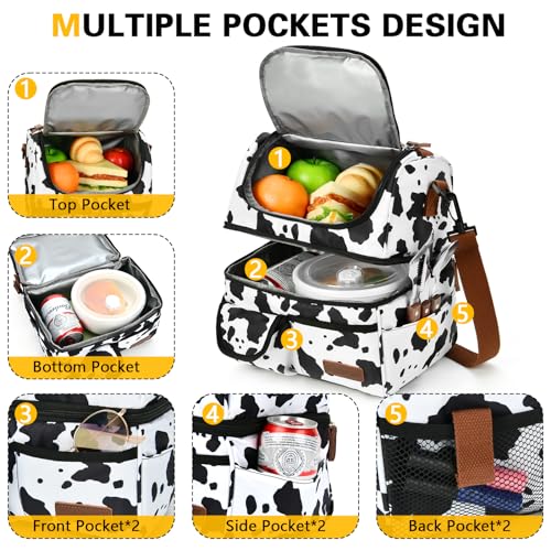 LOKASS Lunch Box for Women-Double Deck Insulated Adults Lunch Bag with Removable Shoulder Strap-Cow Print Cute Wide Open Lunch Tote for Work/Office/Picnic/Beach/Travel - Image 3