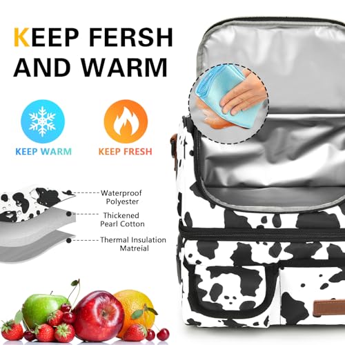 LOKASS Lunch Box for Women-Double Deck Insulated Adults Lunch Bag with Removable Shoulder Strap-Cow Print Cute Wide Open Lunch Tote for Work/Office/Picnic/Beach/Travel - Image 4