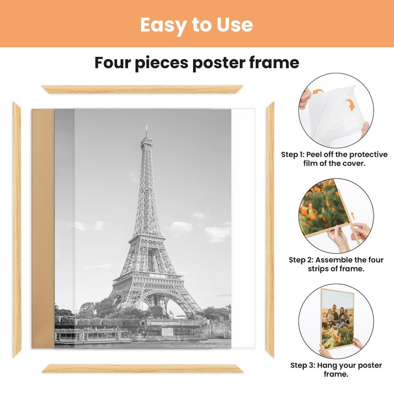 upsimples 12x16 Picture Frame Natural 3 Pack, Scratch-Proof Poster Frames 12 x 16 for Photo Gallery - Slide-In Strips, Horizontal or Vertical Wall Mounting - Image 3