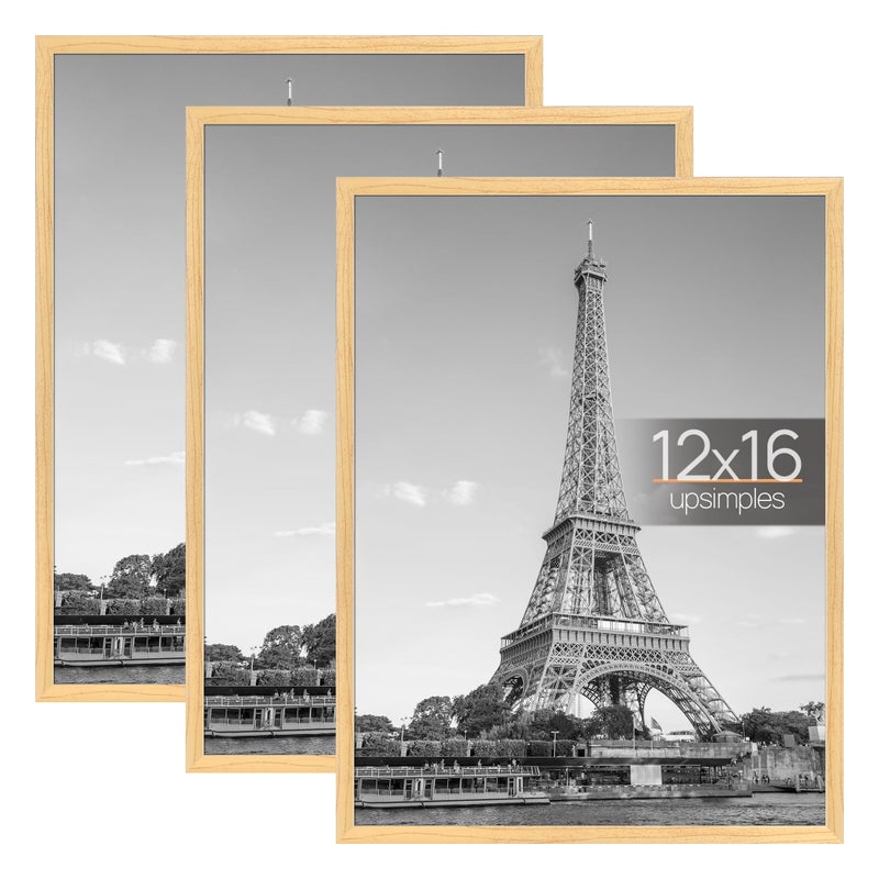 upsimples 12x16 Picture Frame Natural 3 Pack, Scratch-Proof Poster Frames 12 x 16 for Photo Gallery - Slide-In Strips, Horizontal or Vertical Wall Mounting - Image 1