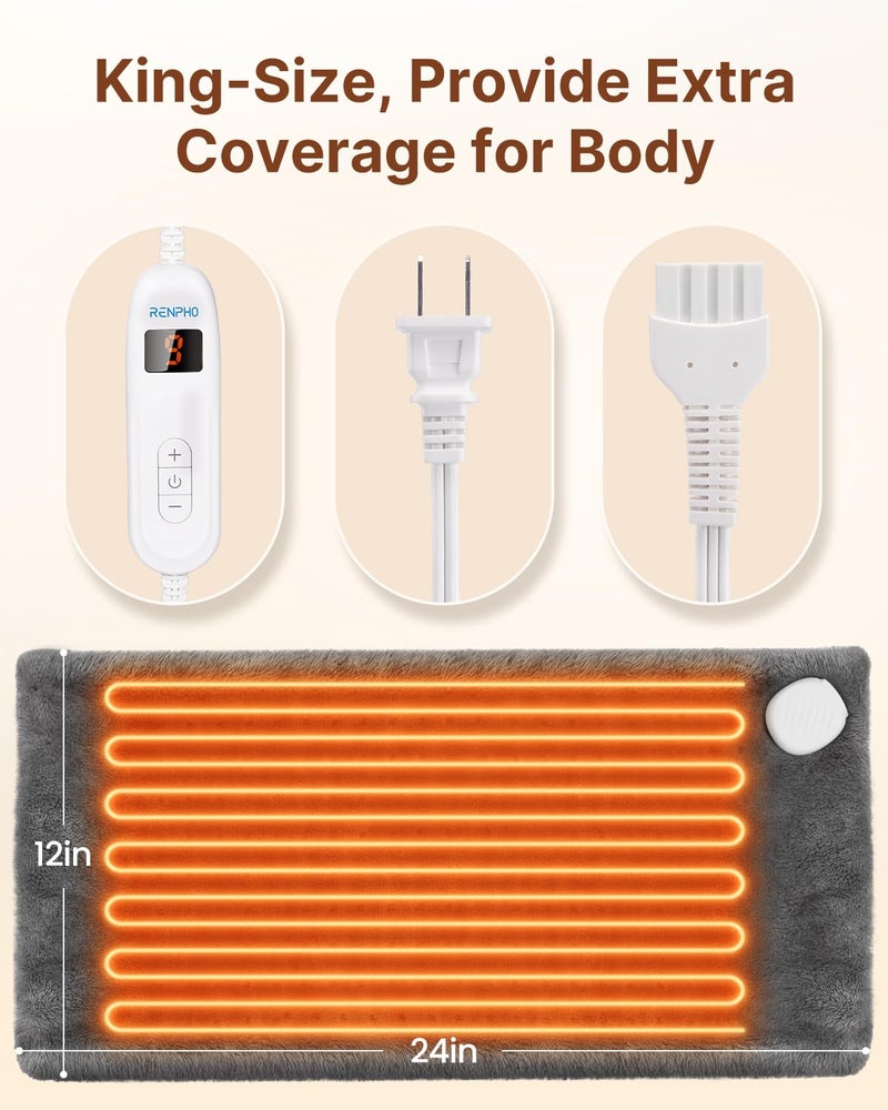 RENPHO Heating Pad for Back Pain & Period Cramps, FSA Eligible, Christmas Gifts for Women Men Mom Dad,12" x24â€˜â€™ Electric Heat Pad for Neck and Shoulder, HSA Store, ETL Certified, Gray - Image 3