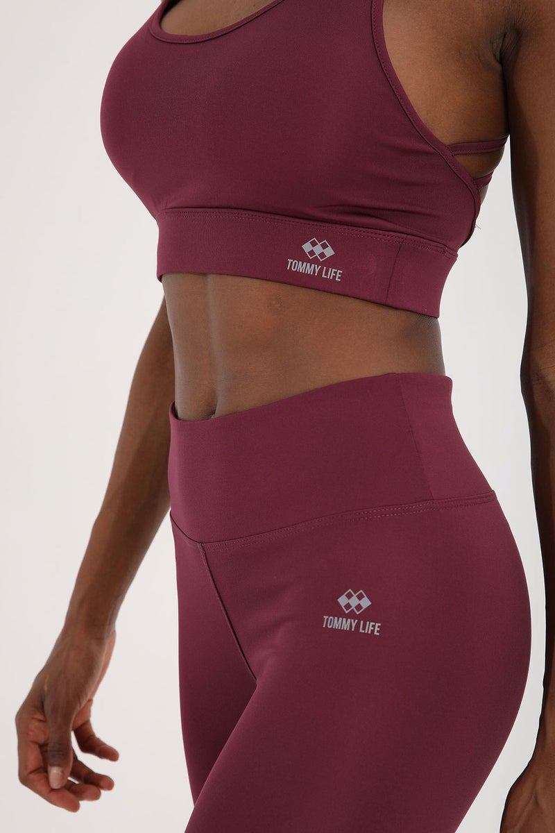 Tommy Life Claret Red Women's High Waist Slimming Cross Back Detailed Sports Bustier-Capri Tights Set - 95283  - Image 3