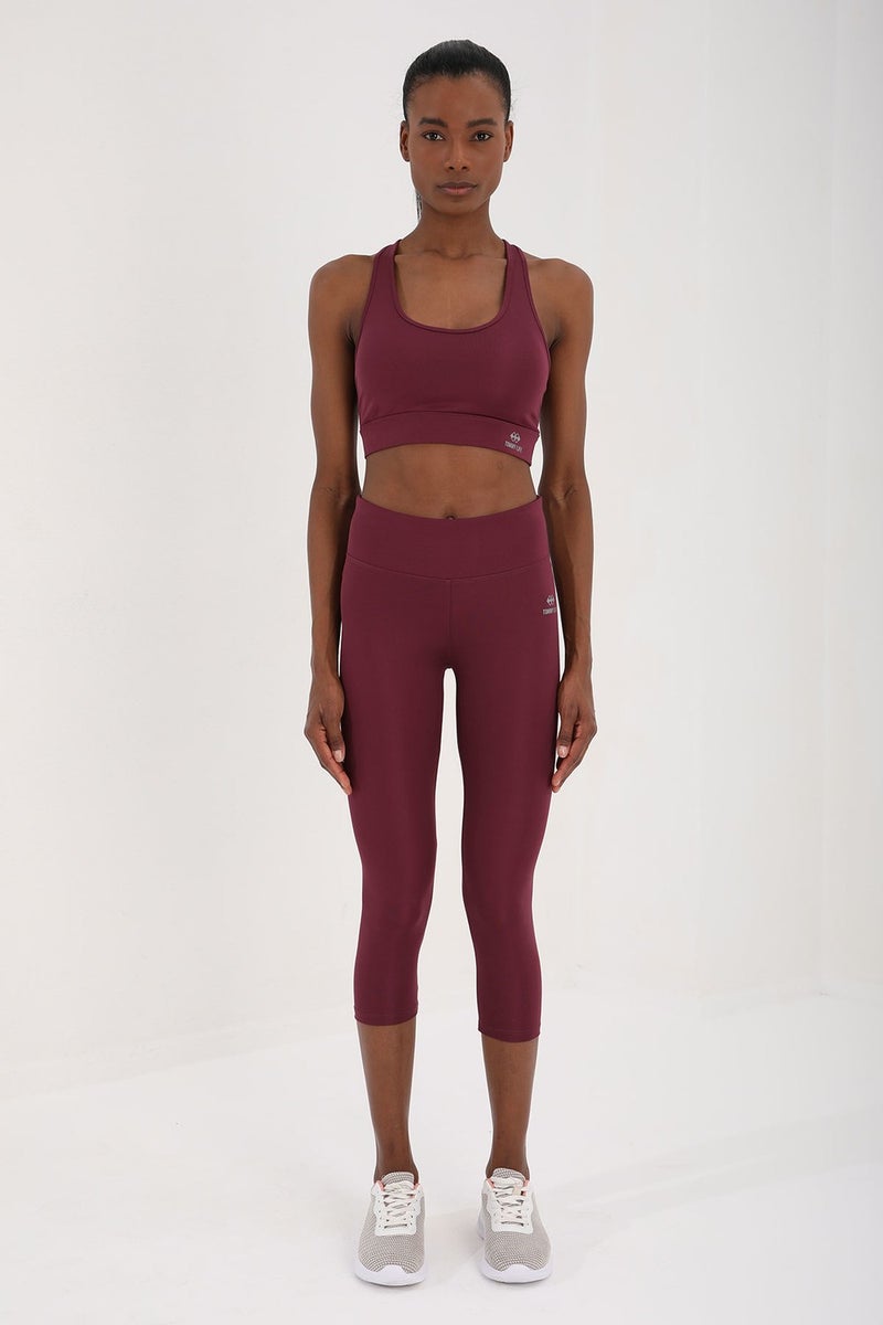 Tommy Life Claret Red Women's High Waist Slimming Cross Back Detailed Sports Bustier-Capri Tights Set - 95283  - Image 1