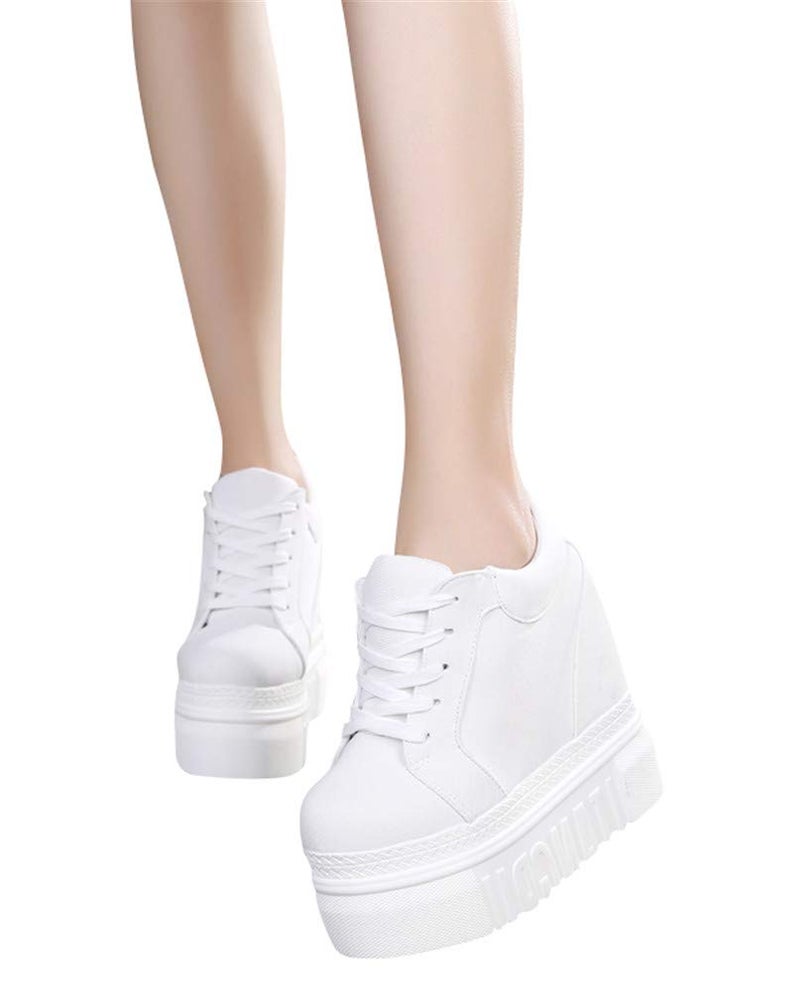 ACE SHOCK Women Fashion Platform Sneakers Wide Width High Hidden Heel Wedge Walking Shoes (7.5, Without Flower White) - Image 2