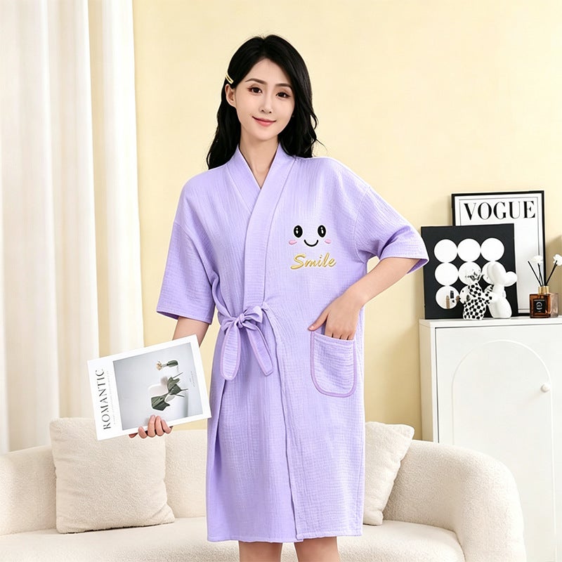 Bathrobe and Bath Skirt, Wearable Bath Towel, Summer Cute Absorbent Thin Pure Cotton Nightgown, Long Short-Sleeved Pajamas for Women - Image 1