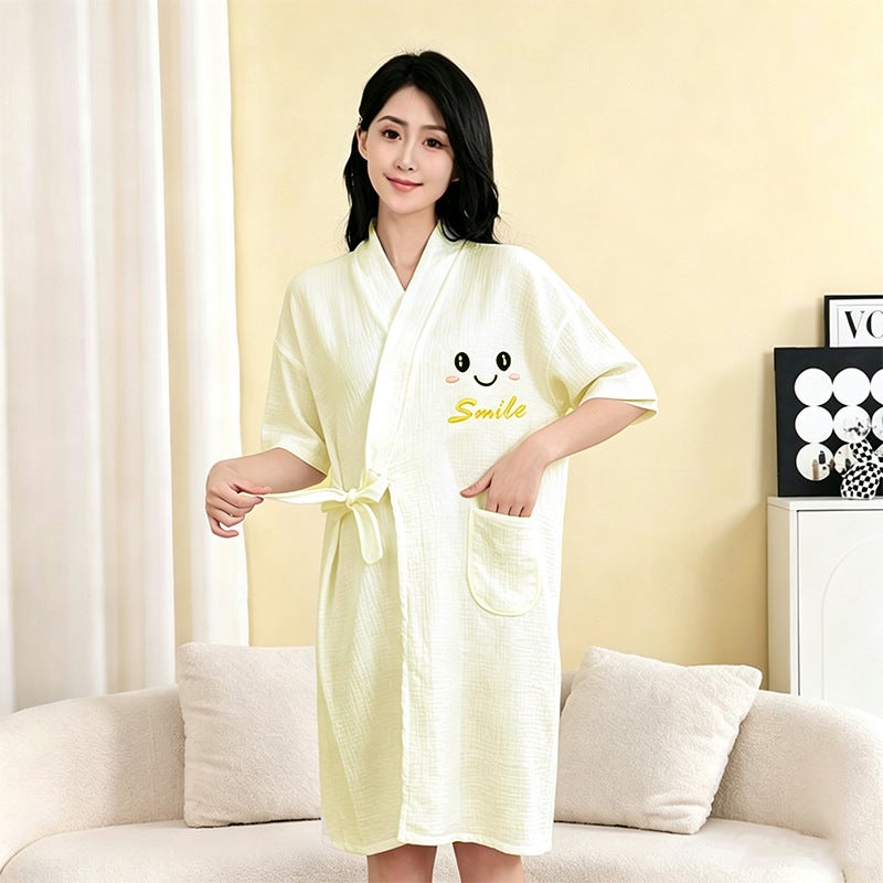 Bathrobe and Bath Skirt, Wearable Bath Towel, Summer Cute Absorbent Thin Pure Cotton Nightgown, Long Short-Sleeved Pajamas for Women - Image 3