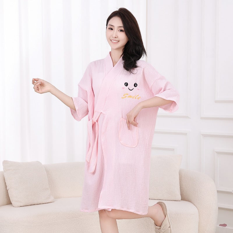 Bathrobe and Bath Skirt, Wearable Bath Towel, Summer Cute Absorbent Thin Pure Cotton Nightgown, Long Short-Sleeved Pajamas for Women - Image 4
