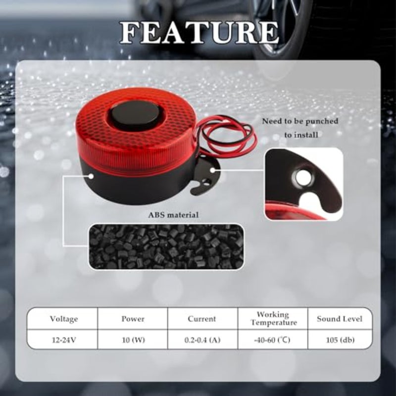 12V-24V Backup Car Alarm with Flashing LED Light, 105dB Back Up Alarm for Truck Car SUV, Universal Cars Exterior Accessories with Alert Cars Horn Replacement Bracket - Image 3