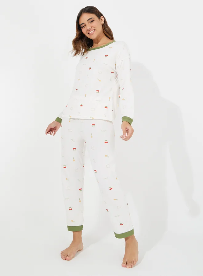 Take Two Take Two Cherry Print Long Sleeves T-Shirt and Pyjama Set
