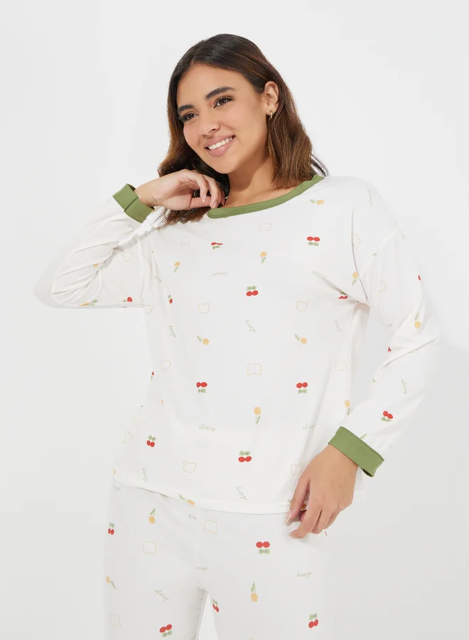 Take Two Take Two Cherry Print Long Sleeves T-Shirt and Pyjama Set