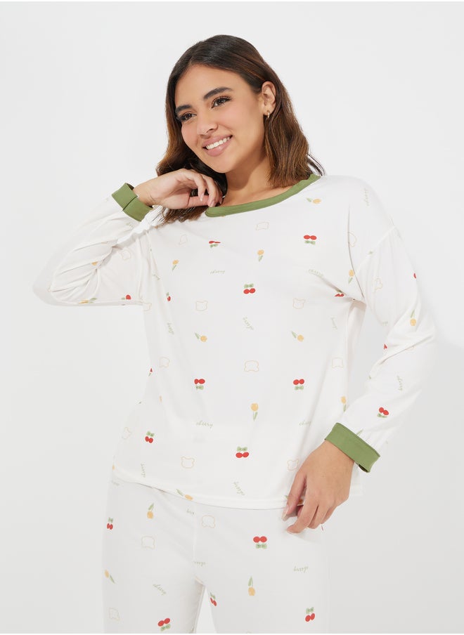 Take Two Take Two Cherry Print Long Sleeves T-Shirt and Pyjama Set  - Image 2