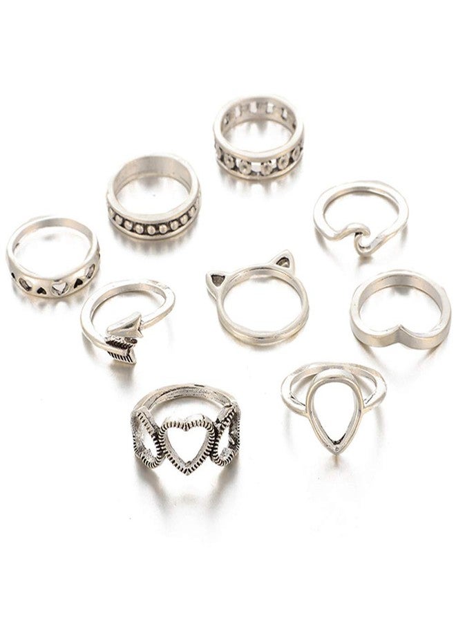 BERYUAN Women Size 7 8 9 10 Rings Vintage Silver Ring Set Cute Wave Teardrop Wave Arrow Love Knuckle Ring Set Gift For Her Lovely Ring Set Women And Girls Teens(9Pcs) - Image 5