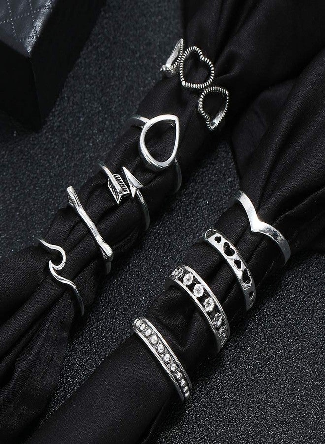 BERYUAN Women Size 7 8 9 10 Rings Vintage Silver Ring Set Cute Wave Teardrop Wave Arrow Love Knuckle Ring Set Gift For Her Lovely Ring Set Women And Girls Teens(9Pcs) - Image 4