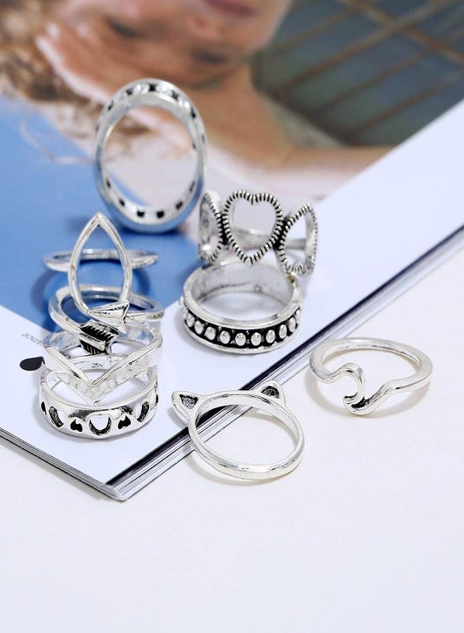 BERYUAN Women Size 7 8 9 10 Rings Vintage Silver Ring Set Cute Wave Teardrop Wave Arrow Love Knuckle Ring Set Gift For Her Lovely Ring Set Women And Girls Teens(9Pcs) - Image 3