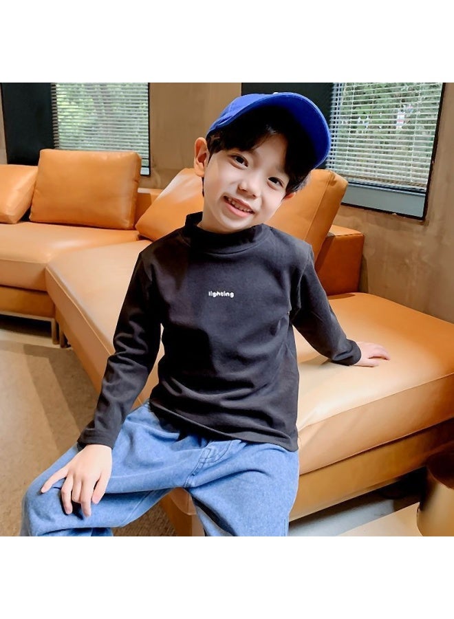 Boys' Velvet Semi-turtle Neck Base Layer Shirt, Long Sleeve T-shirt For Autumn And Winter, Stylish And Handsome Casual Versatile Top For Older Kids