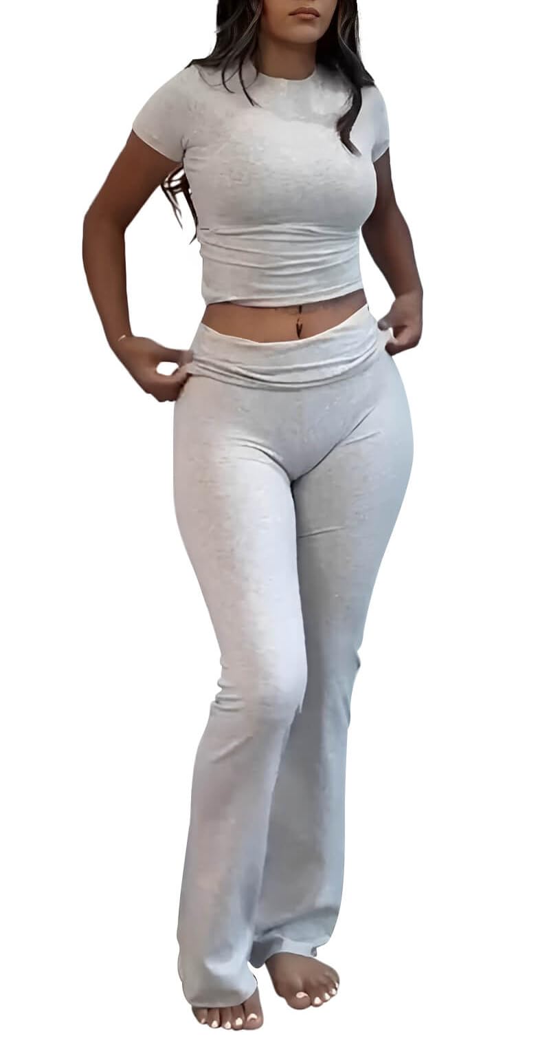 ZFLM Casual Workout Two Piece Outfits for Women Short Sleeve Crop High Waist Foldover Flare Pants Tracksuit Sets Streetwear - Image 1