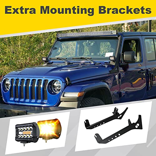 FEELON Fit 18-22 Jeep Wrangler JL/ 20-22 Gladiator JT 52" inch LED Light Bar 4 inch White/Amber Yellow LED Pods Strobe Fog Light Offroad with Upper Windshield Mounting Brackets Switch Wiring Harness - Image 2