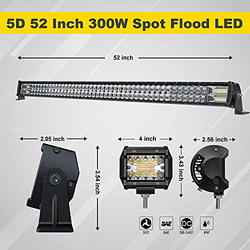FEELON Fit 18-22 Jeep Wrangler JL/ 20-22 Gladiator JT 52" inch LED Light Bar 4 inch White/Amber Yellow LED Pods Strobe Fog Light Offroad with Upper Windshield Mounting Brackets Switch Wiring Harness - Image 4