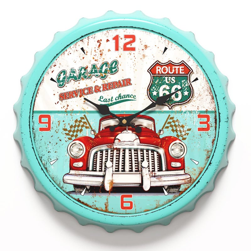 Menterry Bottle Cap Design Iron Retro Wall Clock 13 inch Vintage Antique Style Silent Battery Operated Decor Wall Clocks for GarageFarmhouseOfficeBeer barCafesKitchenSchool Green