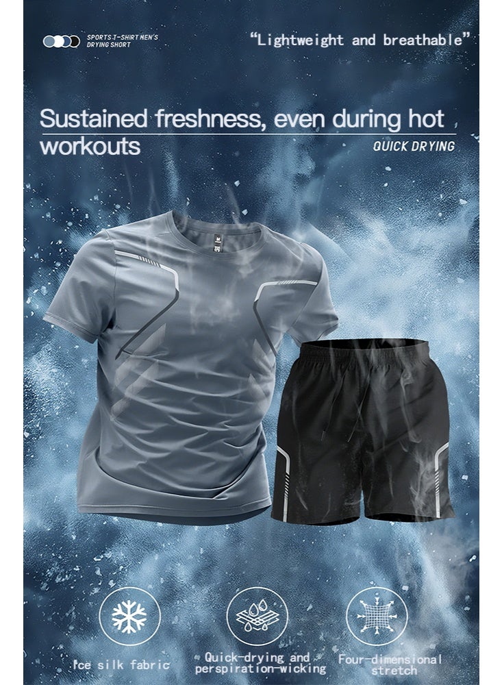 Jourvent Men's 2-Piece Sportswear Set, Summer Quick-Drying Running Gear, Short-Sleeve T-Shirt and Shorts, Fitness Training Outfit, Lightweight Athletic Clothing for Gym, Jogging, Cycling, and Outdoor Activities, Color: Gradient Green - Image 5