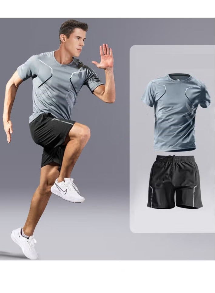 Jourvent Men's 2-Piece Sportswear Set, Summer Quick-Drying Running Gear, Short-Sleeve T-Shirt and Shorts, Fitness Training Outfit, Lightweight Athletic Clothing for Gym, Jogging, Cycling, and Outdoor Activities, Color: Gradient Green - Image 1