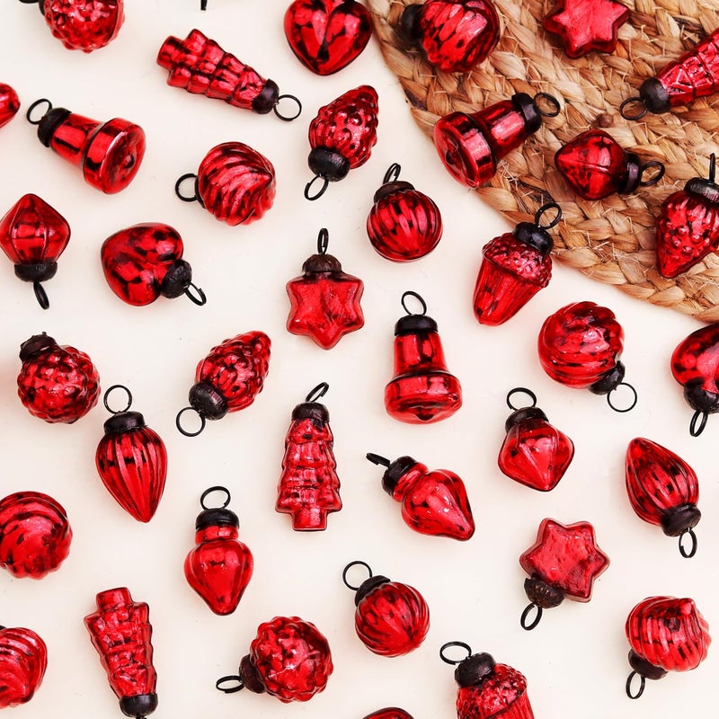 Indian-Shelf 300 Pieces Glass Red Christmas Ornaments Decorative Mercury Mini Vintage Bulk Hanging Ornaments for Halloween Christmas Tree New Year Valentine Day Holidays Event and Wedding Party Decor
