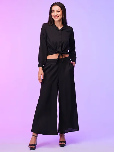 globus Women Front Lapel Collar Tie Up Crop Top With Palazzos