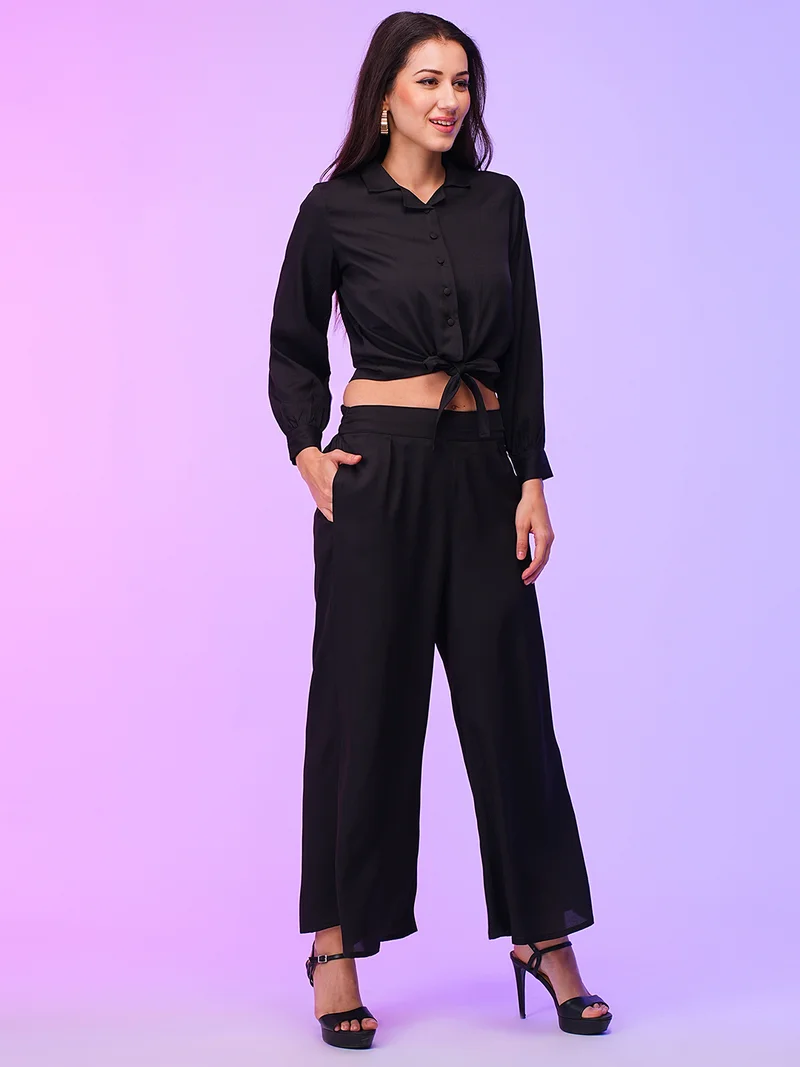 globus Women Front Lapel Collar Tie Up Crop Top With Palazzos