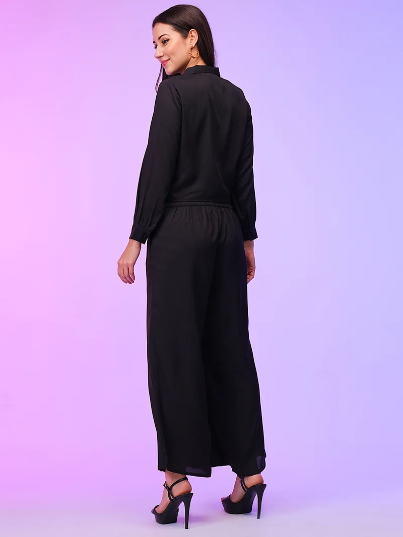 globus Women Front Lapel Collar Tie Up Crop Top With Palazzos