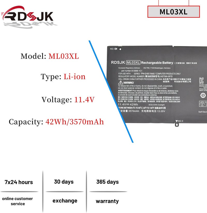 ML03XL Laptop Battery for HP Spectre X2 Detachable 12 Spectre x2 12-A001DX 12-A003NG 12-A006TU 12-A012NR 12-A019TU ML03042XL HSTNN-1B7D 813999-1C1 814277-005 814060-850 HSTNN-IB7D TPN-Q165 11.4V 42Wh - Image 2