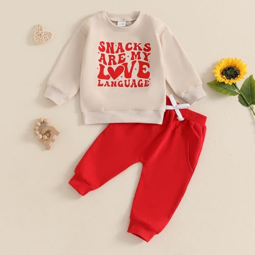 Nokpsedcb Baby Boy Girl Cute Letter Embroidery Long Sleeve Sweatshirt and Elastic Long Pants Toddler Valentine Outfits (Apricot Snacks Are My Love Language, 0-6 Months) - Image 2
